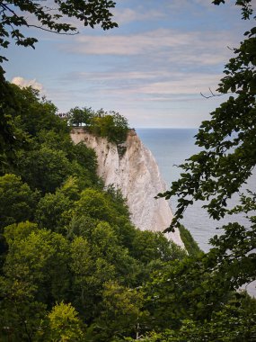 8 Temmuz 2025 - Jasmund Ulusal Parkı-Almanya: Rugen Adası 'ndaki Baltık Denizi kıyısı ve yeşil kayın ormanının üzerindeki ünlü Kings Chair Chair uçurum manzaralı turistler.