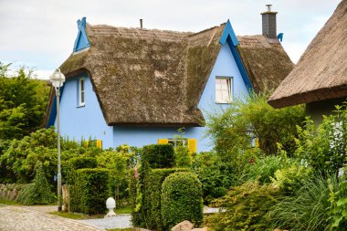 9 Temmuz 2025 - Putgarten-Almanya: Renkli cepheli geleneksel sazdan çatı evleri ve sakin bir sahil köyünde kaldırım taşı caddesi boyunca yemyeşil bahçeler.