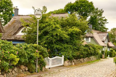 9 Temmuz 2025 - Putgarten-Almanya: Renkli cepheli geleneksel sazdan çatı evleri ve sakin bir sahil köyünde kaldırım taşı caddesi boyunca yemyeşil bahçeler.