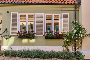 Nane yeşili İsveç miras kulübesi tarihi bir şehir caddesinde kaldırım taşları ve çiçek kutularıyla.