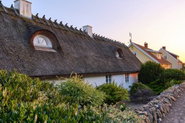 Lerhamn, İsveç; 13 Ağustos 2025: Yumuşak akşam ışığında bahçeli İsveç sazdan kıyı evleri, Skane lan.