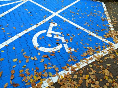 Sonbaharda yeşil zemin üzerinde asfalt üzerinde engelli kişinin ambleminin arkaplan resmi