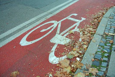 Bir bisiklet yolu, sonbaharda kentsel bir alanda yapraklarla kaplanmış canlı kırmızı bir yolda beyazla işaretlenmiştir..