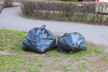 İki Büyük Siyah Çöp Torbası Yaya Yolu boyunca Şehir Parkı Bölgesi 'nin yanına yerleştirildi.