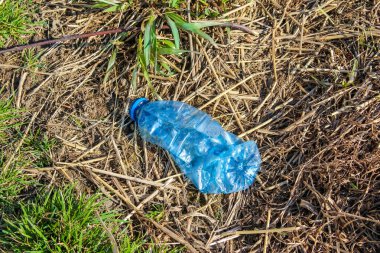 Atılmış Mavi Plastik Su Şişesi Kuru Çimenler ve Çevresel Kirler Arasında Uzanıyor