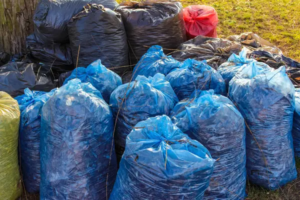 Başarılı Park Temizleme Kampanyası 'ndan sonra çeşitli renklerde çöp poşetlerinin yakın plan çekimleri