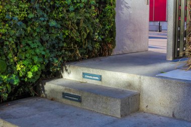 Beton Basamaklı Minimalist Bahçe Girişi ve Modern Peyzaj Tasarımı Yaratan Yeşil Çitler