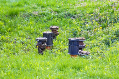 Grassy Field 'dan Su Kanalizasyon Sistemi Altyapısı ile ortaya çıkan iki Vintage Metal Boru