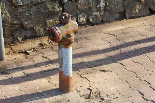 Cobblestone Caddesi 'nde öğleden sonra gölgesi olan klasik kırmızı yangın musluğu.