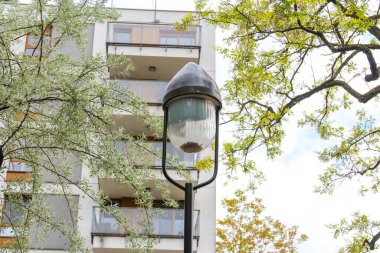 İlkbaharda Yeşil Ağaç dalları olan Şehir Apartmanına Karşı Klasik Sokak Lambası