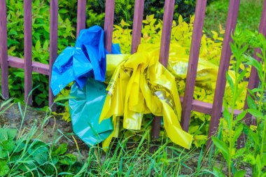 Mavi ve Sarı Plastik Torbalar Yeşiller Arasında Ahşap Çitte Yakalandı
