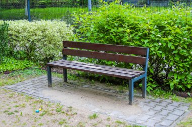 Sessiz Bahçe 'deki yemyeşil çalıların arasına yerleştirilmiş Metal Çerçeveli Ahşap Park Benç