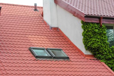 Beyaz konut duvarında büyüyen yeşil sarmaşıklı kırmızı kil kiremitler ve tavan penceresi