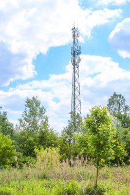 Yeşil orman manzarasının üzerinde yükselen uzun telekomünikasyon kulesi kırsal alanda dramatik bulutlu gökyüzüne karşı