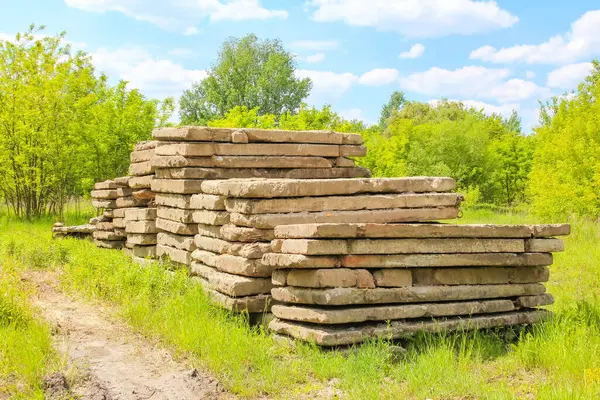 Yığılmış ahşap odun yığınları yeşil ağaçların arka planına sahip kırsal ortamda dizilmiş