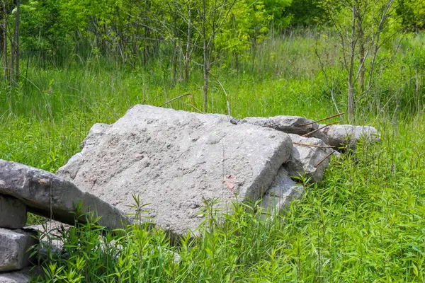 Çimenli zemine yerleştirilmiş kireçtaşı bloğu doğal taş dokusunu ve açık havada yıpranmış yüzey özelliklerini sergiliyor.