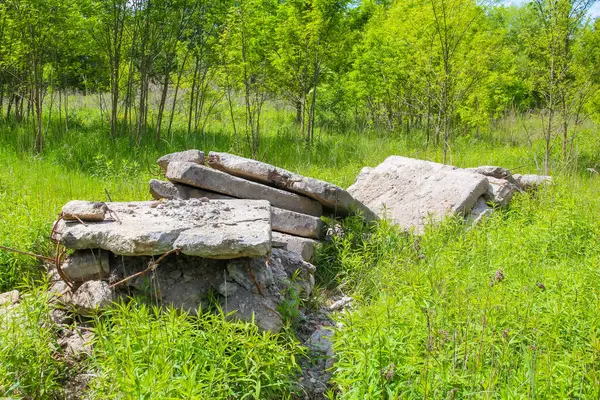 Büyük kireçtaşı kayaları ve taş bloklar yeşil çayırlara dağılmış inşaat malzemeleri deposu ile doğal bir manzara yaratıyor.