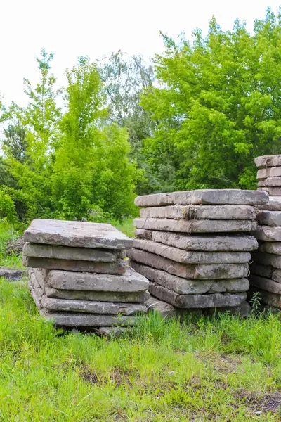 Yığılmış beton bloklar canlı yeşil yaprakların ve ağaçların yanında çimenli bir arazide duruyor. Doğal ortamdaki kullanılmayan inşaat malzemelerini gösteriyor.,