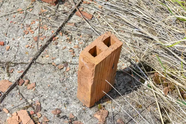 Tek bir kırmızı tuğla beton bir levhanın üzerinde dikiliyor. Kırık tuğla parçaları ve toprakla çevrili. Eski inşaatın bir kalıntısını simgeliyor.,