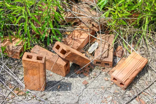 Bir yığın yıpranmış kırmızı tuğla ve kırık parçalar kuru çimenler ve kir üzerinde yatıyor. Bu da yıkım ya da terk edilmiş inşaat malzemelerini gösteriyor.,