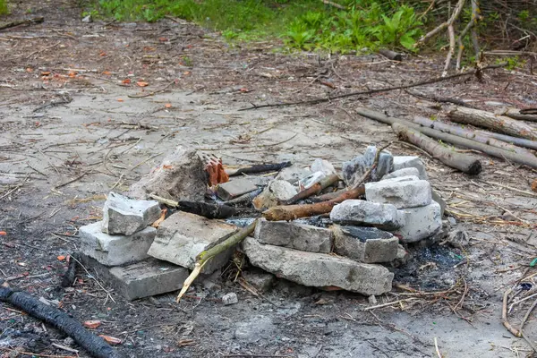 Taşlardan yapılmış bir kamp ateşi çukuru toprak zeminde yanmış odun ve kül içeriyor. Düşen kütüklerle çevrili. Bu da yakın zamanda kullanılmış bir açık hava dinlenme alanı olduğunu gösteriyor.,