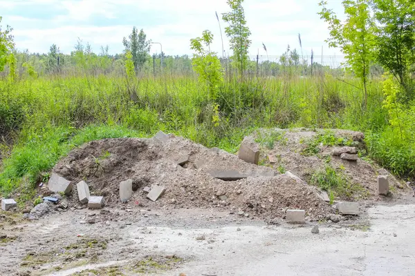 Endüstriyel alanda yeşil bitki örtüsü olan büyük bir inşaat yığını.