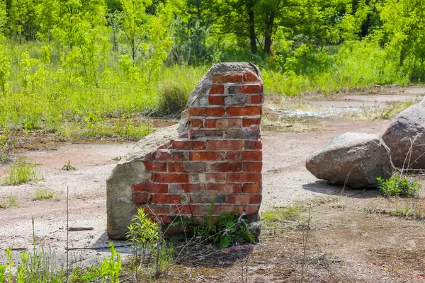 Kısmi tuğla duvar yapısı yeşil orman bitki örtüsü ve dağınık taşlarla çevrili kumlu zeminde izole bir şekilde duruyor.
