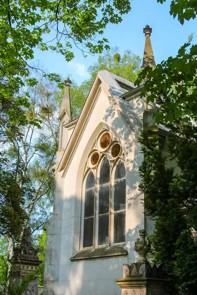 Yazın yapraklı ağaç dallarından görülebilen Gotik mimarisi olan ortaçağ kilise çan kulesi.