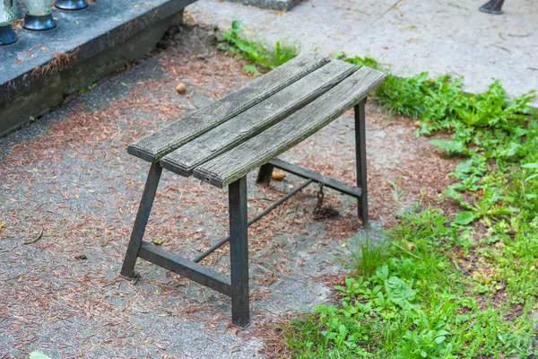 Çakıl yolundaki ahşap bahçe tezgahı yemyeşil bitkilerle çevrili.