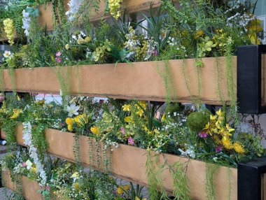 Ahşap saksı kutularında yetişen yemyeşil bitkilerle kentsel dikey bahçe doğal bir duvar tasarımı yaratıyor.