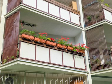 Modern binanın ön cephesinden uzanan turuncu dekoratif tente. Bahçenin altında yeşil bitkiler görünüyor.