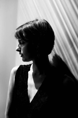 Zarif siyah yelekli, dramatik doğal ışıklandırma ve gölge kompozisyonu olan bir kadının sanatsal portresi.