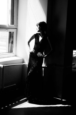 Siyah elbiseli bir kadının dramatik silüeti. Parlak pencerenin yanında, arka ışıklandırması güçlü.