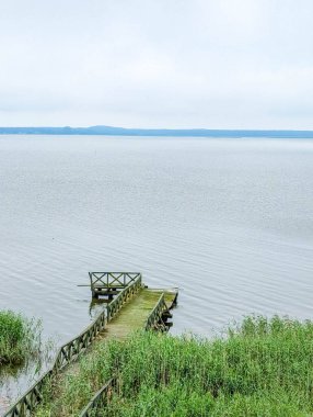 Leba Polonya sulak alanındaki bulutlu gökyüzünün altında uzak deniz ufkuyla yeşil kıyı bataklığını geçen ahşap yol. Yüksek kalite fotoğraf
