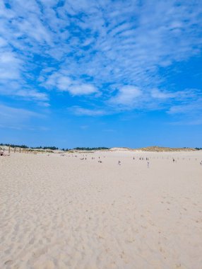 Yaz günü Leba Polonya yakınlarındaki Baltık kıyısında açık mavi gökyüzü altında geniş beyaz kum tepeleri. Yüksek kalite fotoğraf