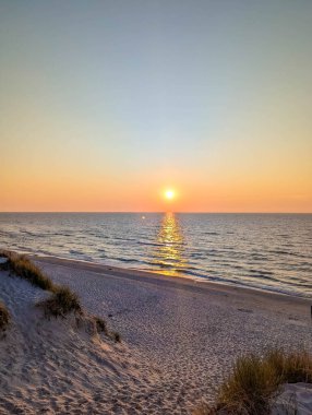 Golden sunset over Baltic Sea beach with sand dunes and coastal vegetation near Leba Poland creating peaceful evening atmosphere. High quality photograph