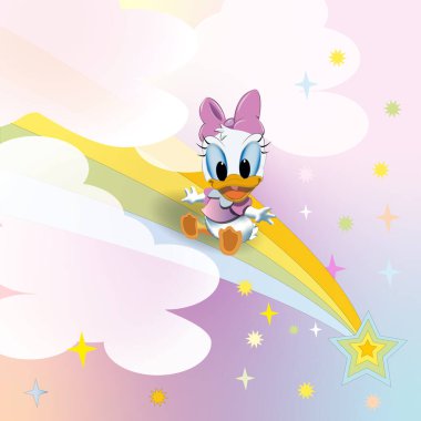 Ördek çocuk. Çocuk çizimi. Vektör grafikleri. Gökkuşağı ışınıyla uçmak. Peri masalı karakteri