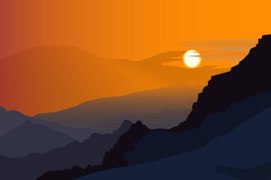 Dağ manzarası. Şafak Vektör grafikleri. Karlı zirveler mavi gökyüzü. Bulutlar. Serinlik Gündoğumu Karlı tepeler