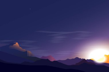 Dağ manzarası. Şafak Vektör grafikleri. Karlı zirveler mavi gökyüzü. Bulutlar Soğukluk