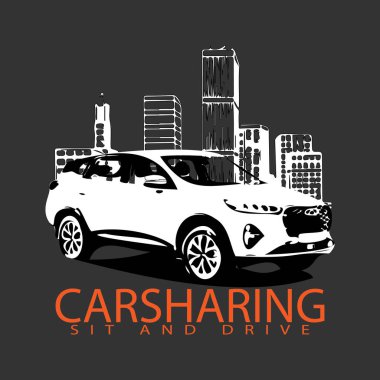 Car rental logo, car sharing, car in the foreground of a big city on a black background. big city. Car rental banner clipart