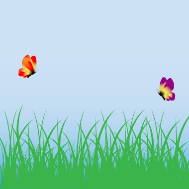 Çizimler için şablon. Yeşil Çimen, Kelebekler, Mavi Gökyüzü Vektör Grafikleri