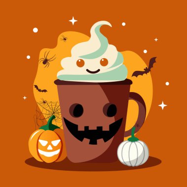 Cadılar Bayramı için bir resim. Kahve fincanı stilize edilmiş bir balkabağı. Yeşil, mavi arka plan. Vektör grafikleri