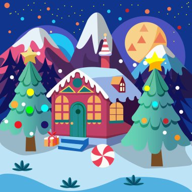 Yılbaşı hikayesi. Yeni yıl tatili için tasarım malzemeleri. Santaclaus Evi. Dağlar, Orman, Ay Noel ağaçları