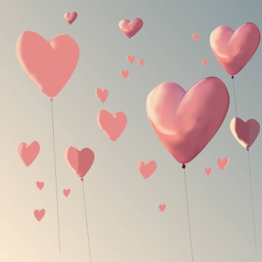 14 Şubat 'taki Sevgililer Günü için illüstrasyon. Açık Mavi Gökyüzünde Pembe Yüzen Balon Kalpler