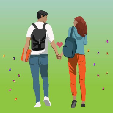 Sevgililer Günü 'nün illüstrasyonu. Genç öğrenciler el ele tutuşur, konuşur ve gelecek hakkında hayal kurarlar. Kelebekler peşlerinden uçar. Yeşil-mavi bir gradyanın arka planına karşı