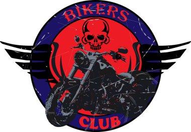 Sembol, çıkartma, motorcu topluluğu logosu. Motosiklet Kulübü Amblem Rozet Etiket Etiketi Mavi Kırmızı Çemberli Mavi Kafatası Burunlu Eski Biçim Efekti