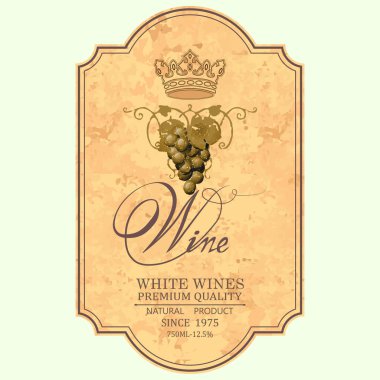 Ana arkaplan desenli, kalın gölgeli parşömen. Ortasında, şarabın doğallığını ve kalitesini sembolize eden dekoratif üzümlü bir demet var.