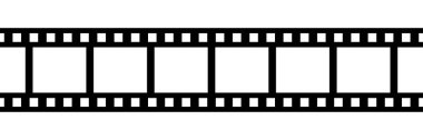 Beyaz arka planda izole edilmiş bir film şeridi. Sinema film yapma konsepti. Çerçeveler için film makarası şablonu, fotoğraf ve kamera için video. Eski 35 mm 'lik beyaz ve siyah film kasetleri. Vektör illüstrasyonu.