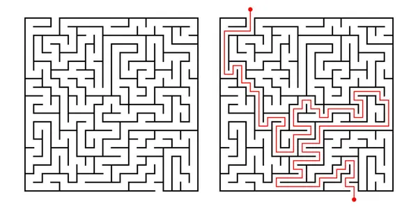 Çözümlü kare labirent bulmacası. Basit mantık oyunu, giriş ve çıkışta labirent meydan okuması. İzole edilmiş labirent vektör çizimi