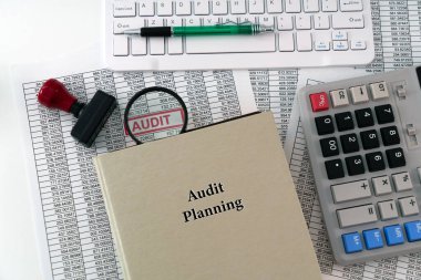 A photo illustration for an Audit theme : Audit Planning; A detailed report is placed under a magnifying glass, symbolizing scrutiny, with a book of audit planning displayed in the foreground clipart